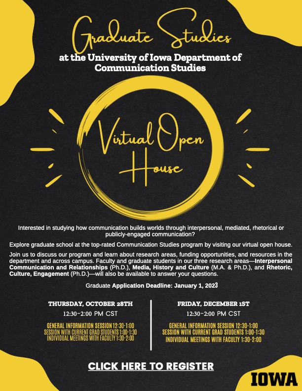 University of Iowa Communication Studies Graduate Studies flyer for virtual open house 