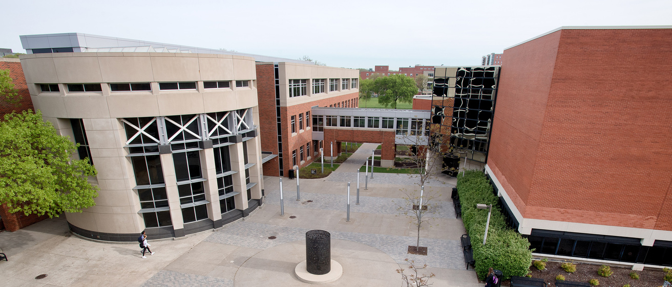 Aerial photo of Becker Communications Studies Building and Adler Journalism Building